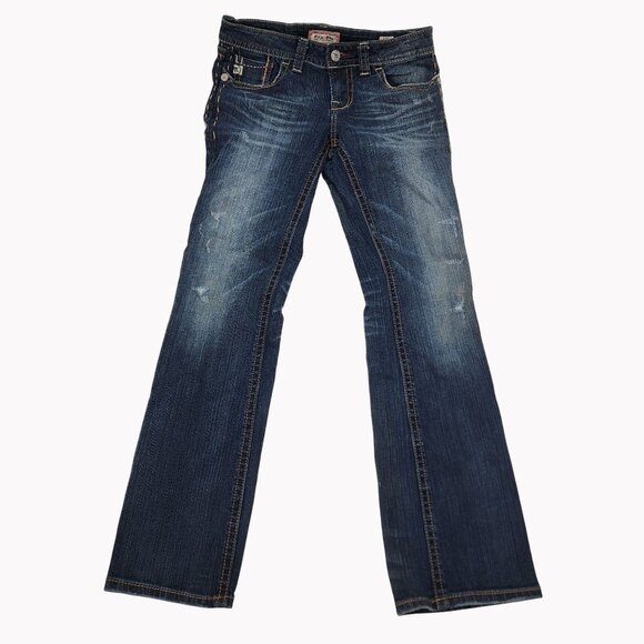 MEK Denim Womens Size 29x30 Noida Jeans Slim Bootcut Distressed Blue Denim - Picture 3 of 9